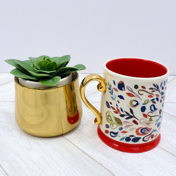 NEW! Anthropologie Mug STARLA HALFMANN Stoneware MOORELAND PEACOCK Red 12 oz - Picture 4 of 6